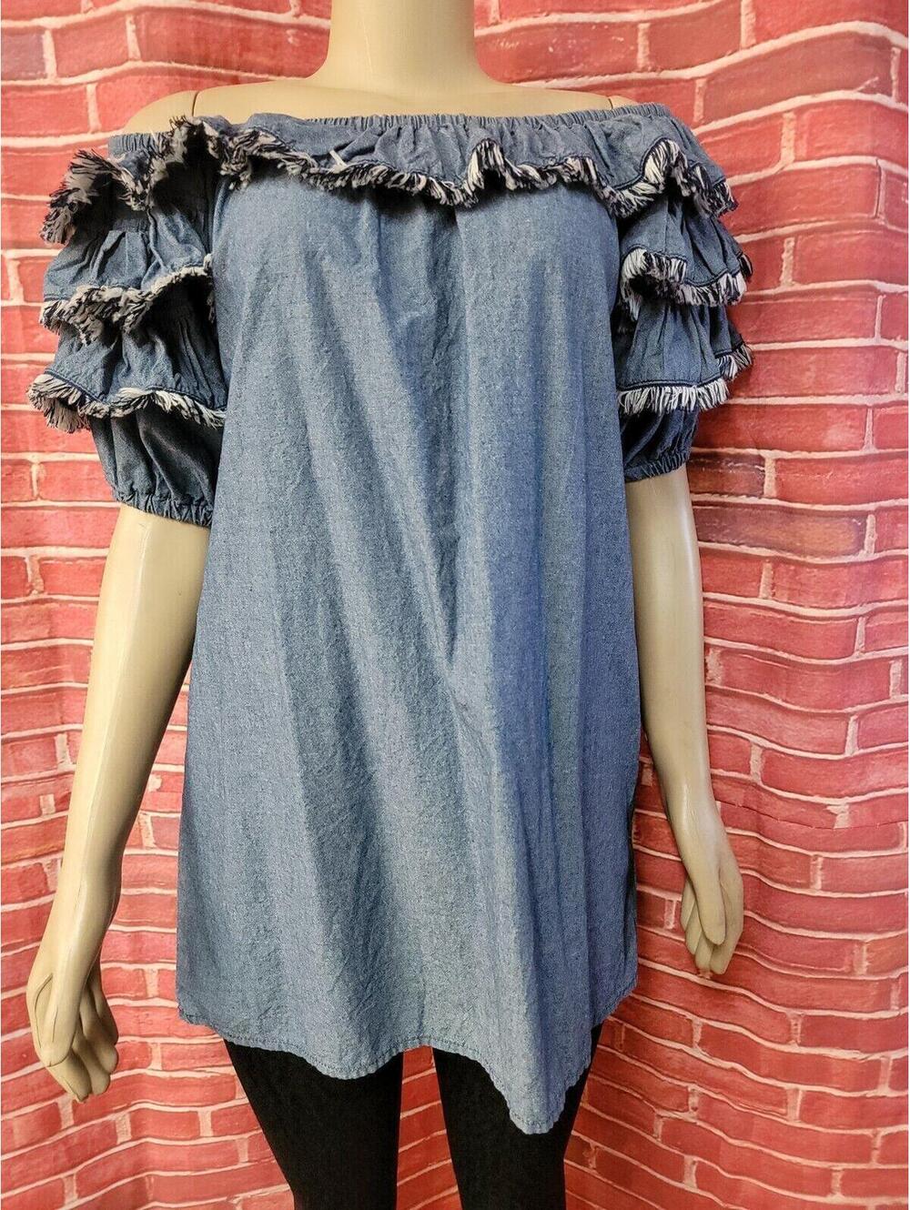 Mp|D Boho Frilled Sleeves Off the shoulders  Size S Blue Women's Top Blouse #CB9 - Picture 6 of 7